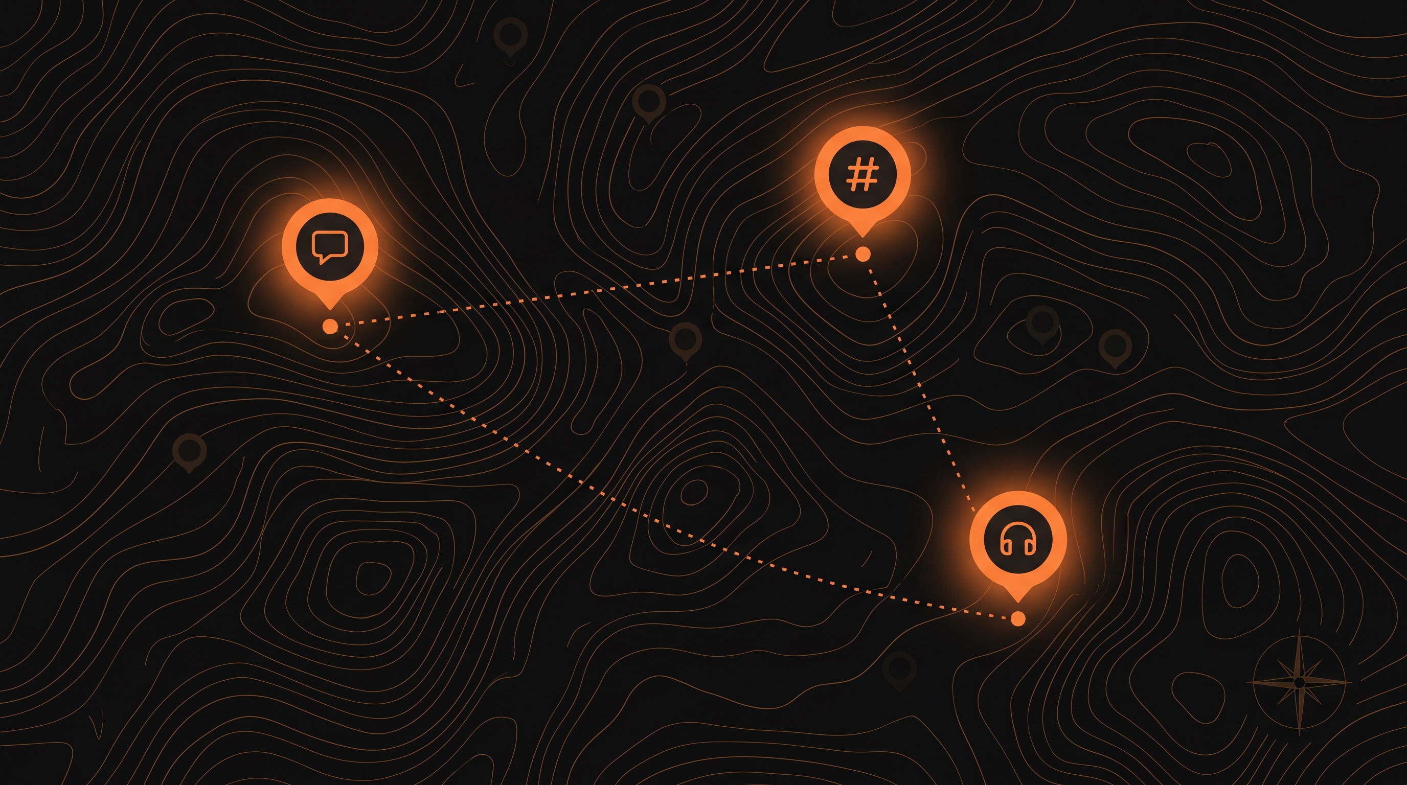 Topographic map with three glowing location pins representing online watering holes where target customers gather: a community forum, a newsletter, and a podcast.